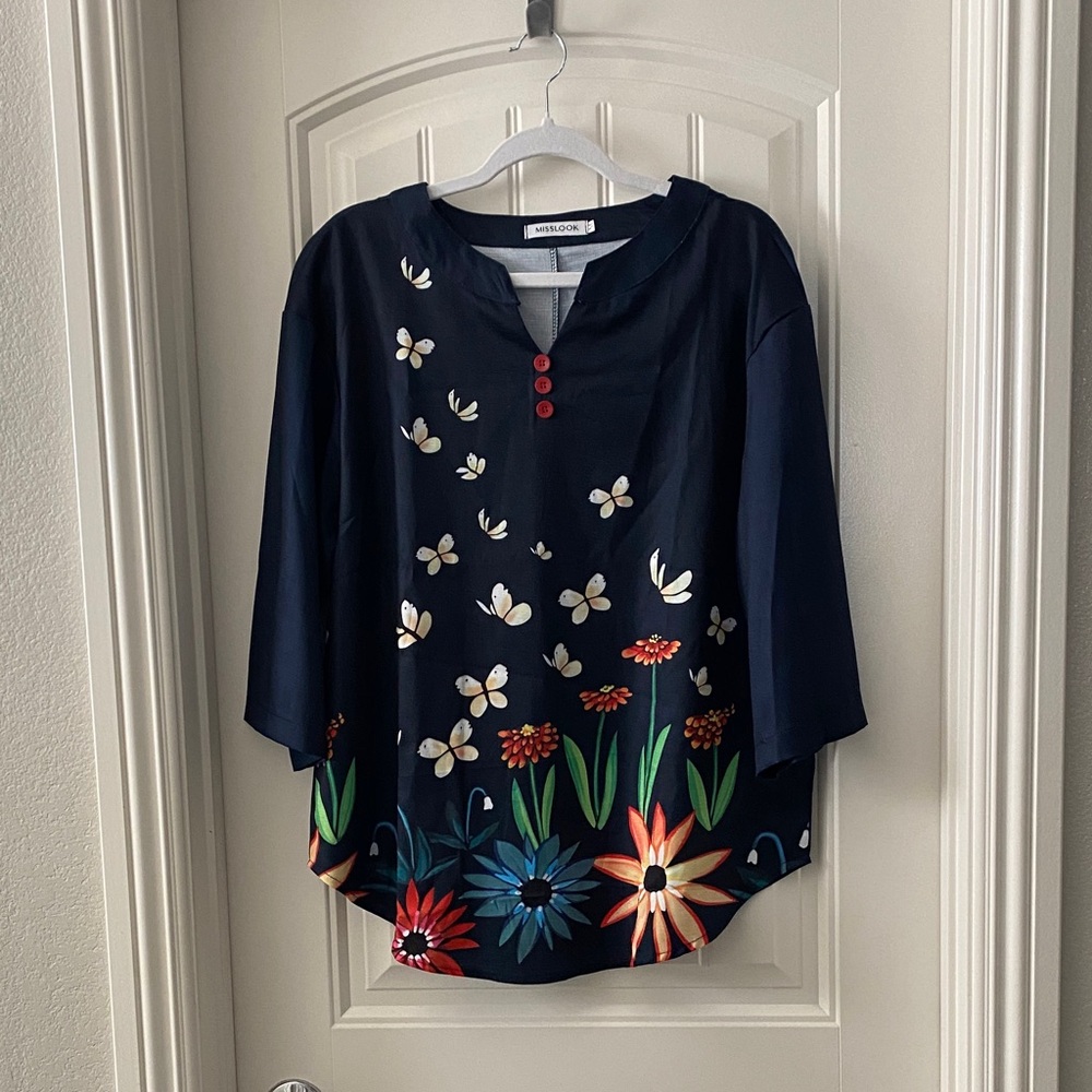Navy Floral Blouse with Red Accents